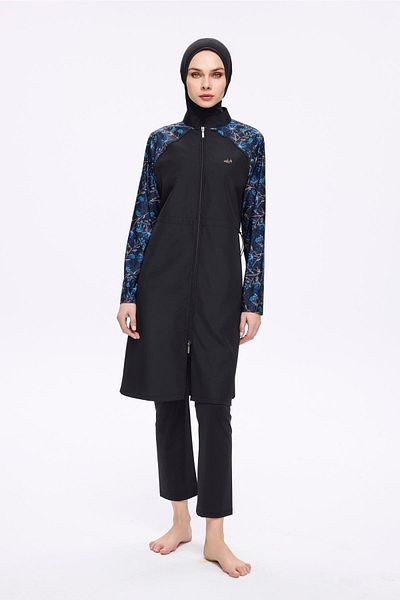 Nehar Black with Blue Patterned Sleeves 3 Piece Woven Full Hijab Swimsuit Set 2278