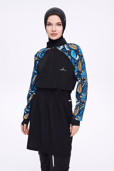 Haşema Sleeves Floral Patterned Black 5 Piece Full Hijab Swimsuit Set 5015