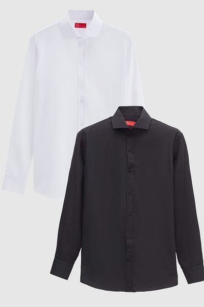 D'S Damat Cămașă din 2 piese Ds Damat Slim Fit, neagră/albă, cu guler italian, ușor de călcat
