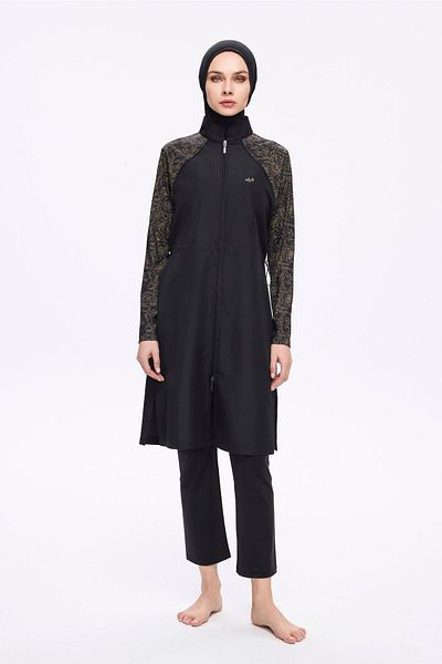 Nehar Black 3 Piece Woven Full Hijab Swimsuit Set with Patterned Sleeves 2273