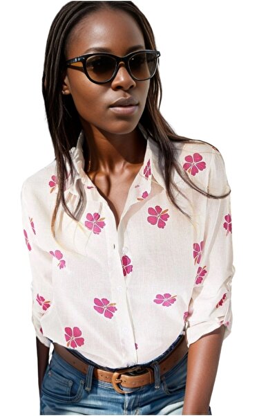 Cassime Cămașă de in pentru femei cu imprimeu floral roz - mâneci pliate și nasturi