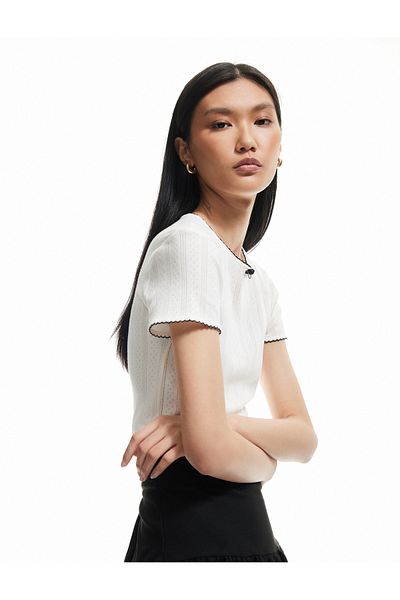 Koton Cotton Color Contrast Bow Slim Crew Neck Short Sleeve T-Shirt