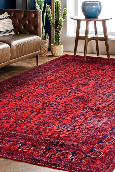 dekozer Kırmızı Klasik Desen Kaymaz Taban Yıkanabilir Dijital Baskı Halı