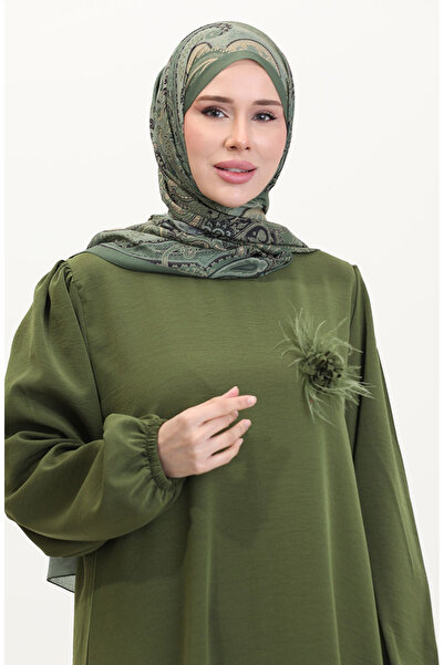 sefamerve Broş Detaylı Elbise 0017-04 Haki