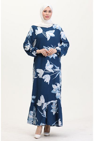 sefamerve Rochie din viscoză cu model cu mâneci elastice 0016-03 Petrol