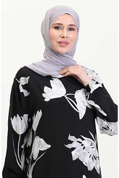 sefamerve Φόρεμα βισκόζης με σχέδια με λαστιχένια μανίκια 0016-04 Μαύρο Γκρι