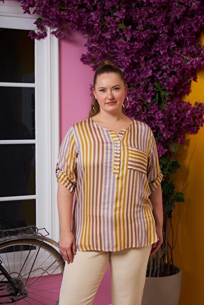 RMG Stripe Pattern Large Size Pocket Detailed Blouse Cream