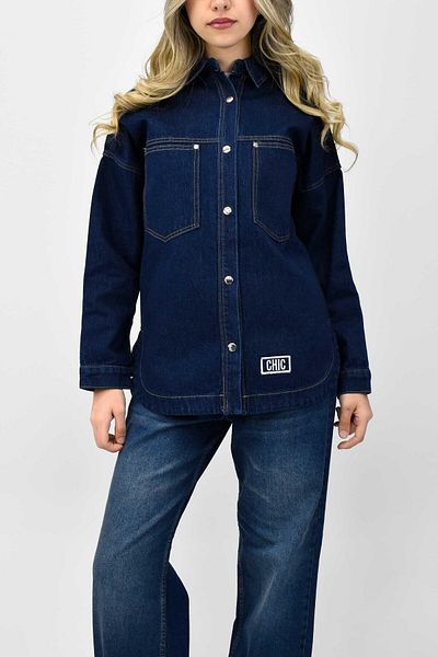 birizmoda Jachetă cămașă din denim cu buzunar albastru închis