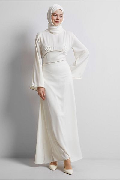 TRENDTESETTÜR Women's Ecru Satin Abuye Dress 9516 Model