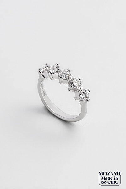 So CHIC... Elegant Mozanit 18 Ayar Beyaz Altın Kaplama Gümüş Beştaş Yüzük
