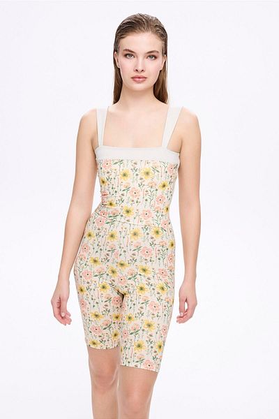 Haşema Floral Patterned Yellow Color 3 Piece Semi-Closed Swimsuit - Jumpsuit Set 5066