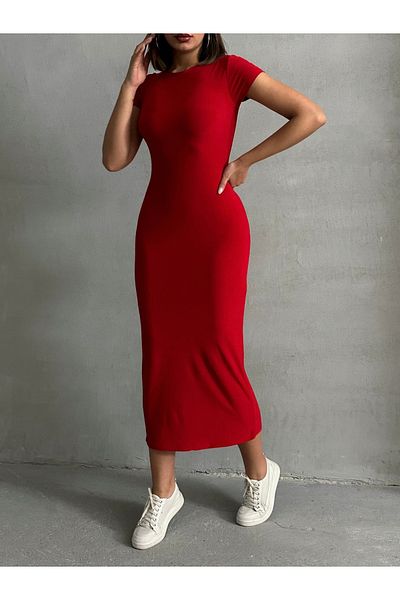 BEJNA Women's Red Crew Neck Stretchy Long Dress