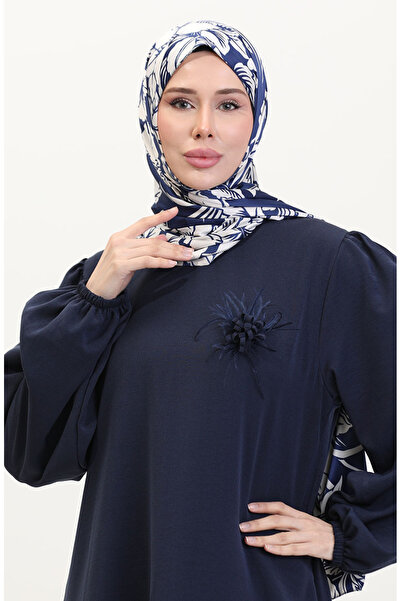 sefamerve Broş Detaylı Elbise 0017-03 Lacivert