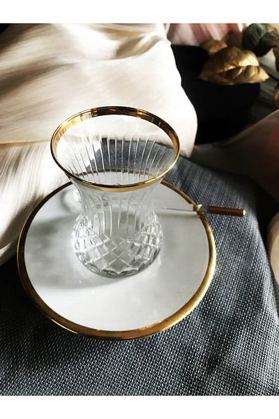 DECOSTYLE Pasabahce Gold Square Patterned Glass Plate 12 Piece Tea Set