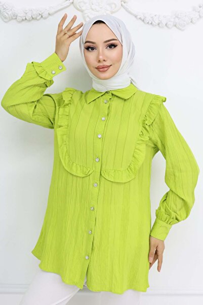benguen Ruffle Detailed Self Patterned Shirt Pistachio Green 2235