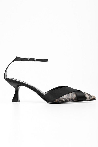 Shoeberry Women's Oira Black Leopard Patterned Satin Stiletto