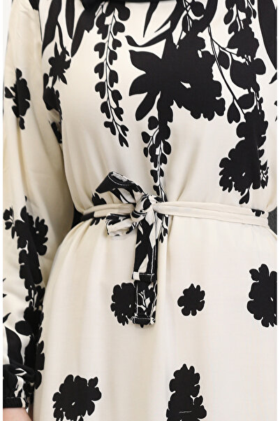 sefamerve Φόρεμα βισκόζης με μοτίβο ζώνης - Κρεμ μαύρο (0018-05)