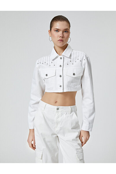 Koton Jachetă de blugi cu bijuterii, cu buzunar cu clapă, cu mânecă lungă din bumbac