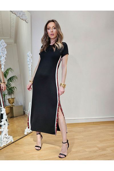 QİMYA BUTİK Buketli̇ Women's Short Sleeve Dress with Ribbed Sides and Snap Slits