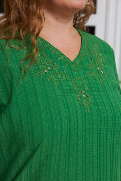 RMG Large Size Green Crinkle Blouse - Collar Embroidery and Stone Details