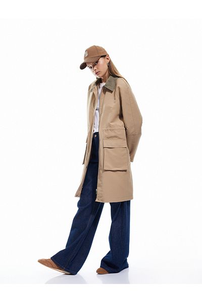 Koton Long Trench Coat with Zipper Pocket and Lapel Detail
