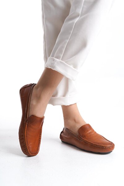 CZ London Kadın Hakiki Deri Loafer Küt Burun Rahat Taban Düz Dikişli Ayakkabı