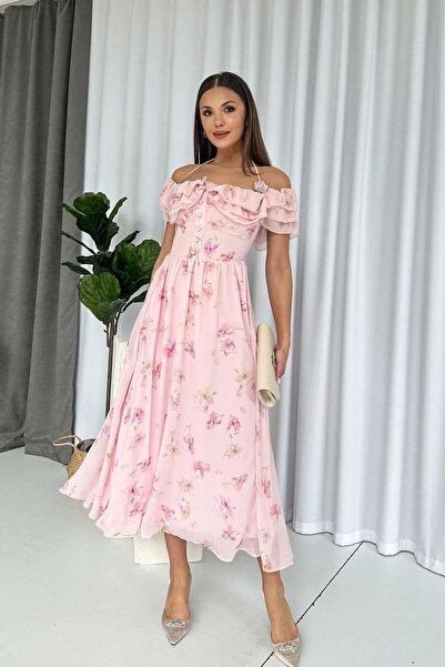 Mine Tan Butik Madonna Yaka Özel Tasarım Çiçekli Elbise - Pembe