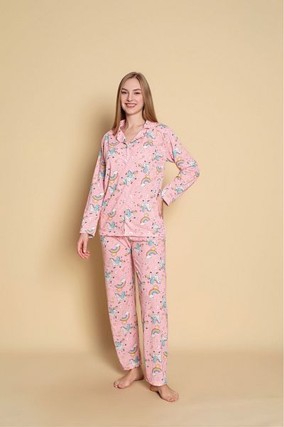 Sude HOMEWEAR Women's Patterned Buttoned Long Sleeve Pajama Set