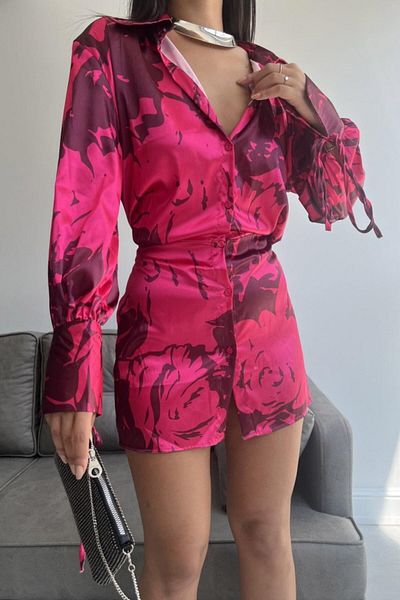 Kokosh moda Πουκάμισο Φόρεμα με Παντεσπάνι Λεπτομέρεια - Φούξια