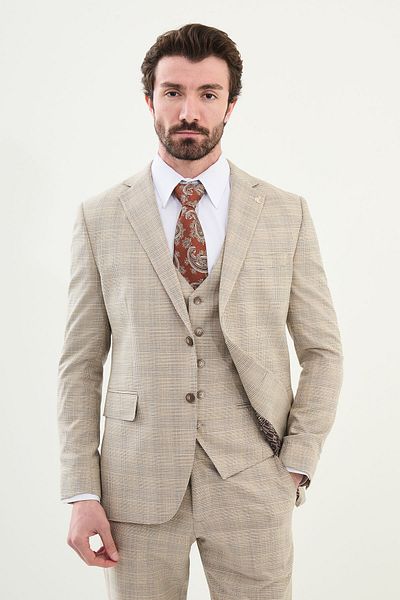 Mcr Plaid Slim Fit Mono Collar Classic Men's Suit Beige - 45379.25Y