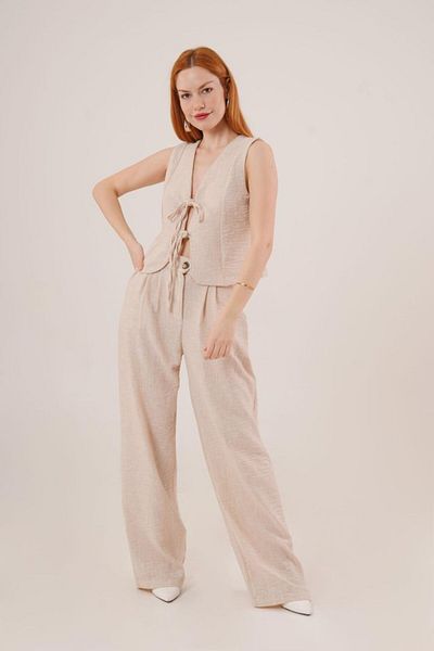 Kokosh moda Vest and Trousers Stone Double Set with Front Tie Detail