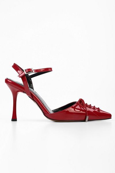 Shoeberry Women's Zenya Red Patent Leather Lace-Up Bow Detailed Heeled Stiletto