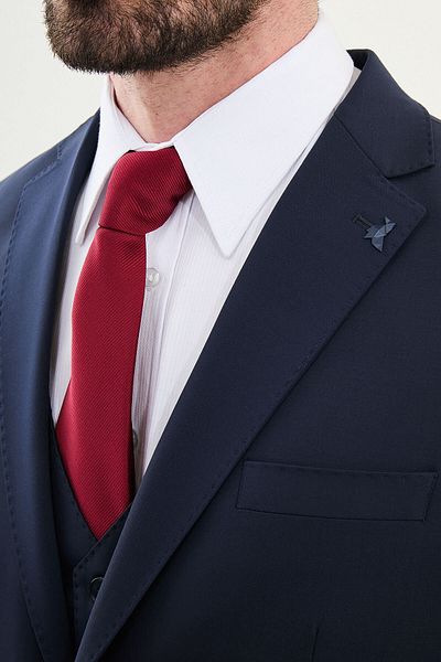 Mcr Straight Slim Fit Mono Collar Premium Wool Men's Suit Navy Blue - 44315.25Y