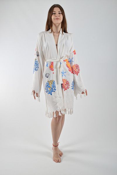REİNA TEKS Viscon Pareo Kimono Cotton Printed Belted 1 Piece Unisex Mixed Coral Peshtemal Bathrobe