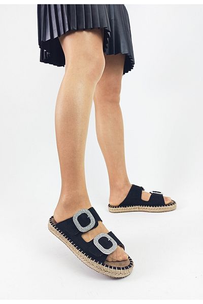 GDT Ayakkabı Black Color Stone Detailed Straw Sole Women's Slippers