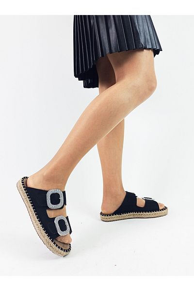 GDT Ayakkabı Black Color Stone Detailed Straw Sole Women's Slippers