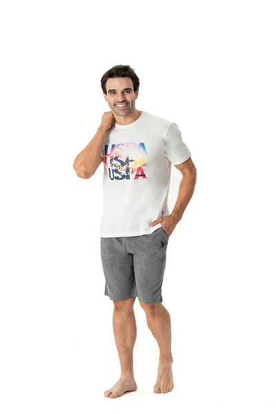 U.S. Polo Assn. US Polo Assn18779 Men's Round Neck Short Sleeve Shorts Pajama Set-Ecru