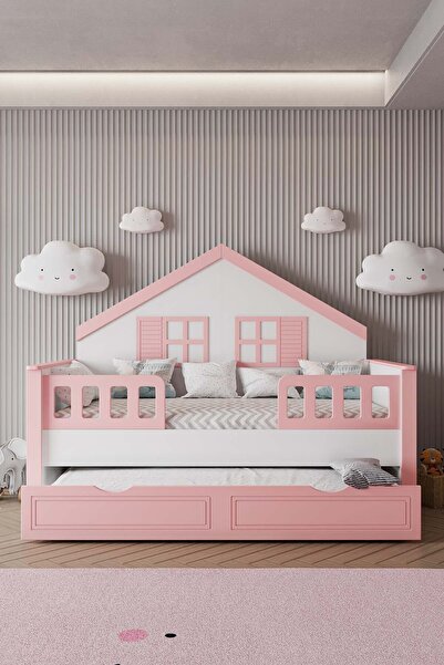 Genel Markalar Mdf Malzeme Çocuk Montessori Karyola Yavrulu, Pembe, 90x190