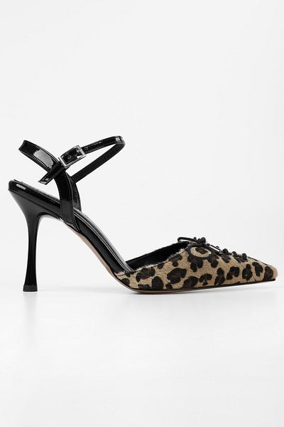 Shoeberry Damen Zenya Leopard Feather Schnürstiefel mit Schleife und Stiletto-Absatz