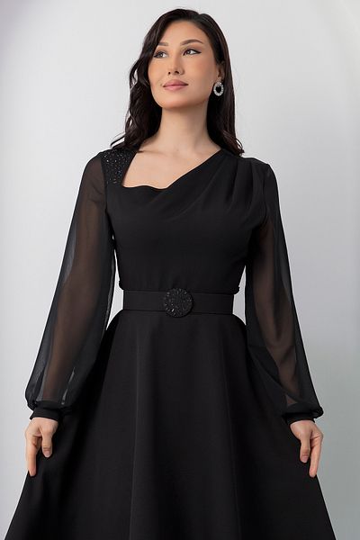 PULLIMM Rochie din șifon cu mâneci cu guler pătrat cu centură cu strasuri DKS1157