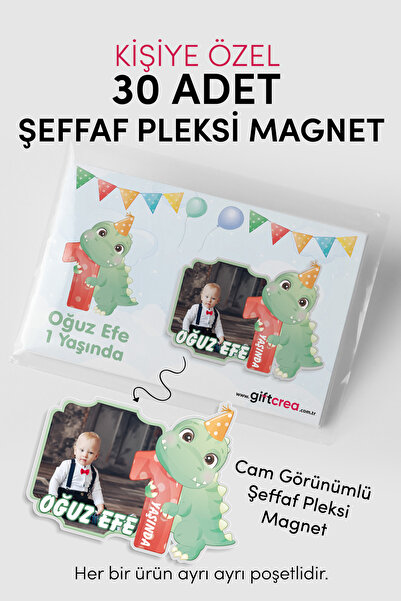 giftcrea Kişiye Özel Şeffaf Pleksi Magnet – Dinozor Temalı Doğum Günü Hatıras...