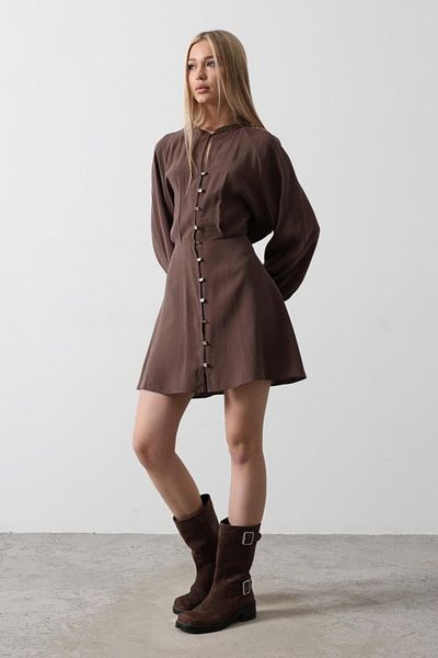 MRA Fashion Gold color button detailed dress - coffee