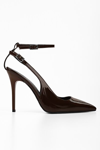 Shoeberry Women's Mila Bitter Brown Patent Leather Belted Ankle Stiletto