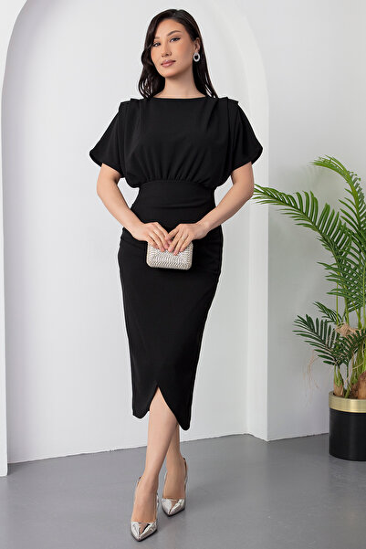 PULLIMM Yarasa Kol Önü Pileli Yırtmaçlı Elbise DKS1274