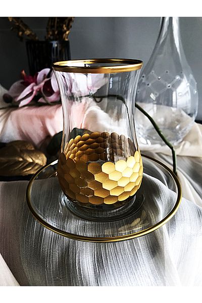 DECOSTYLE Gold Super Honeycomb Patterned Glass Plate 12 Piece Tea Set