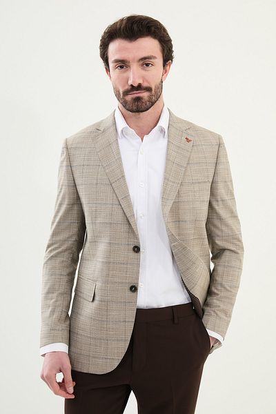 Mcr Plaid Slim Fit Mono Collar Classic Men's Jacket Beige - 41435.25Y