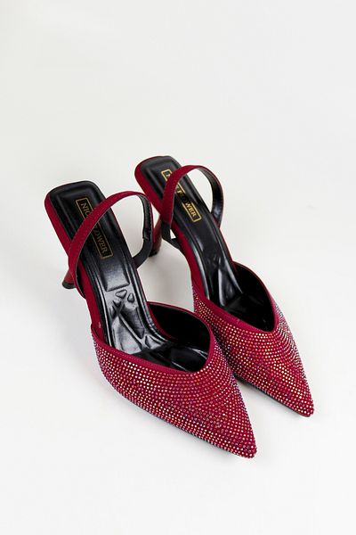 NiceDiffer Women's Colorful Stone Detailed Burgundy Fabric Thin Heeled Shoes