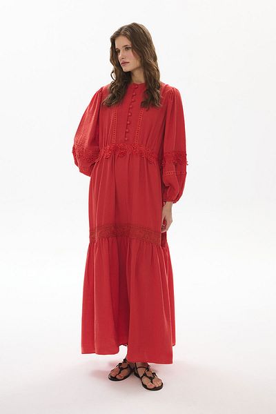 Hooopstore Rochie portocalie cu detaliu dungi florale