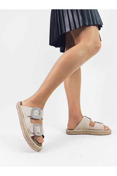 GDT Ayakkabı Beige Color Stone Detailed Straw Sole Women's Slippers
