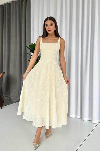 Mine Tan Butik Φόρεμα με λεπτομέρεια κέντημα με μπεζ τετράγωνο γιακά